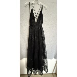 The Vintage Shop Dress Womens Medium Black Sequin Tulle Maxi Strappy V Neck